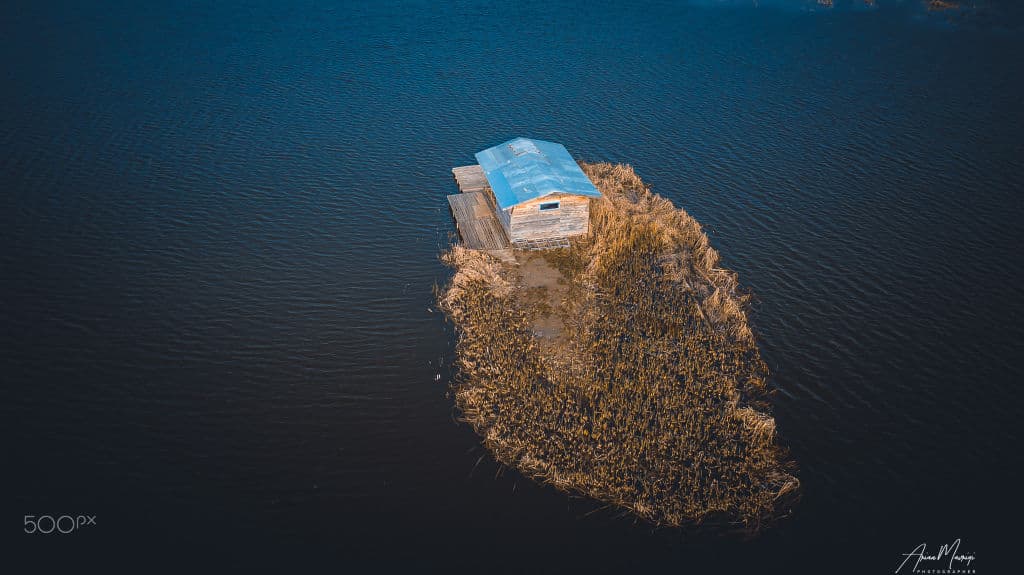An aerial view of a small hut with a blue roof on a reed island surrounded by dark water.